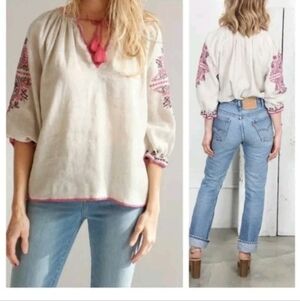 Ulla Johnson Ada Top Embroidered Tassel linen/cotton blouse sz 2/S